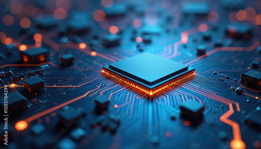 Poster futuristic tech background features intricate circuit board design with glowing orange, blue lines. 