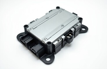 Car engine control unit on white background. Electronic car part, central processing unit with metal elements connecting center of various subsystems. Spare part for vehicle. Modern technology,