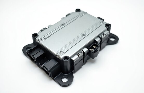 Car engine control unit on white background. Electronic car part, central processing unit with metal elements connecting center of various subsystems. Spare part for vehicle. Modern technology,