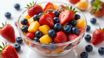 a vibrant fruit salad on a glass bowl