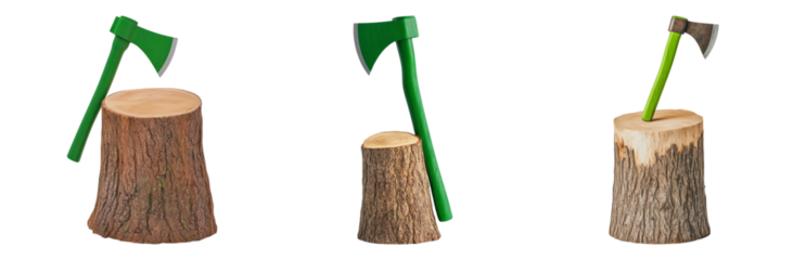 Isolated Transparent Background with Green Axe on Three Wood Stumps