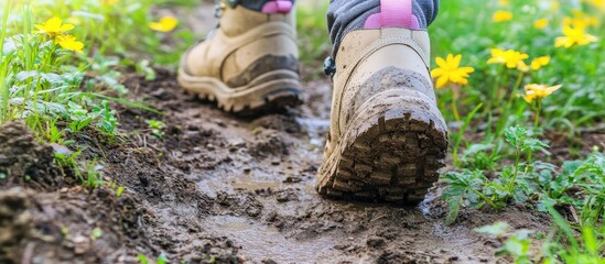 Hiking boots on muddy trail