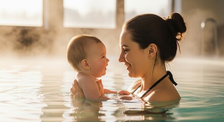 Madre sosteniendo a su bebé en una piscina climatizada interior mientras se miran con ternura en un ambiente cálido y familiar