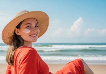 Mujer joven con sombrero y protector solar en el rostro disfrutando de un día soleado en la playa con el mar de fondo