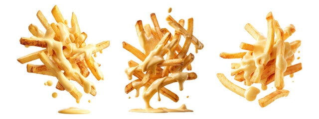 Obraz premium Set of French fries with melted cheese isolated on transparent background