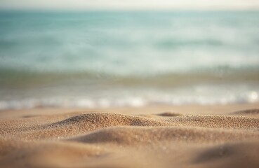 Close-up golden sand beach. Turquoise ocean water, blurred background. Summer vacation, holiday, travel concept, coast shore. Vacation mood. Minimalist marine scene. Tropical vacation destination.