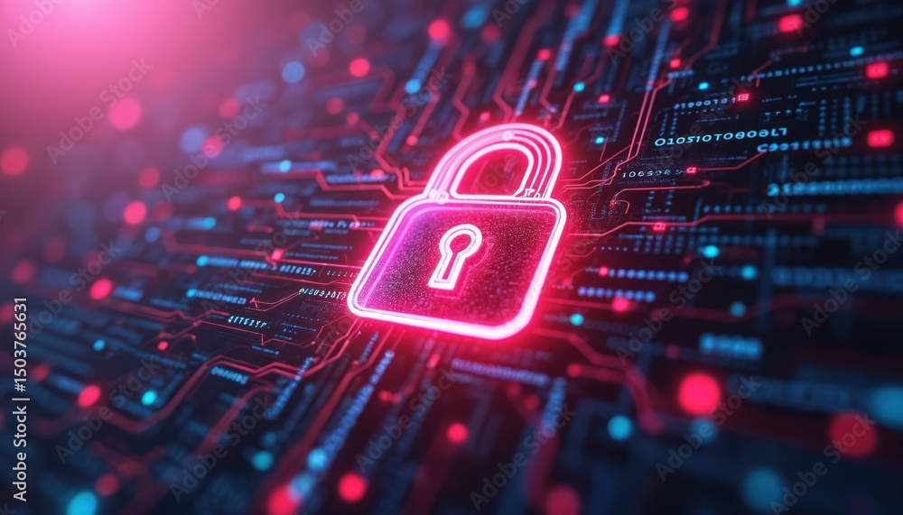 Poster digital illustration of cybersecurity policy framework concept with glowing padlock on computer circ