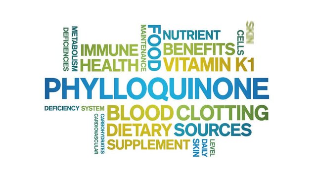 Phylloquinone Vitamin K1 animated word cloud;text design animation tag kinetic typography seamless loop.