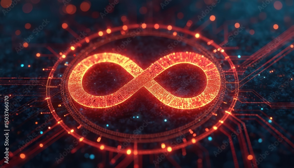 Aufkleber abstract tech illustration features infinite loop, data stream, circuit board, neon glow effect on d