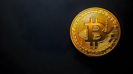 Golden bitcoin coin on a dark background.