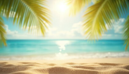 Blurred beach scene featuring gold sand clear water, sunlight, palm leaves. Bright sky creates summer vacation vibe. Tropical shore ideal for travel, holiday, coastline, leisure, idyll. Relax,