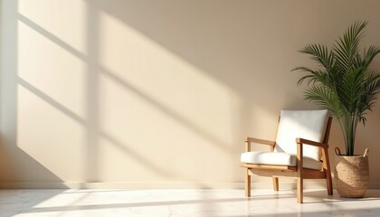 Fototapeta premium Interior design featuring minimalist decor. Soft beige walls, marble floor, armchair, palm plant in woven basket. Serene, calm space. Modern home, apartment design. Natural light shadows.