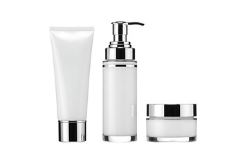 Obraz premium A collection of elegant white skincare containers including a cream jar, pump bottle, and cosmetic tube with shiny silver accents, isolated on a transparent background for beauty product branding