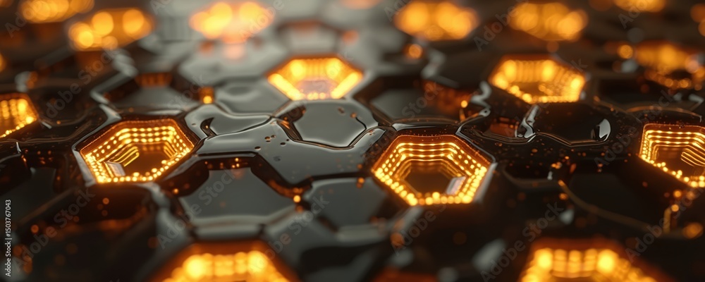 Poster futuristic 3d rendering golden and black hexagons background. abstract geometric hexagonal pattern. 
