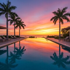 Outdoor swimming pool at sunset
