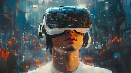Person wearing VR headset immersed in a digital cityscape.