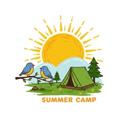 Summer camp banner with sun and birds.