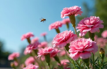 Close-up of vivid pink carnation flowers in garden. Bee flying. Beautiful outdoor floral background with soft focus. Summer day, floral concept, nature, bee, blossom.