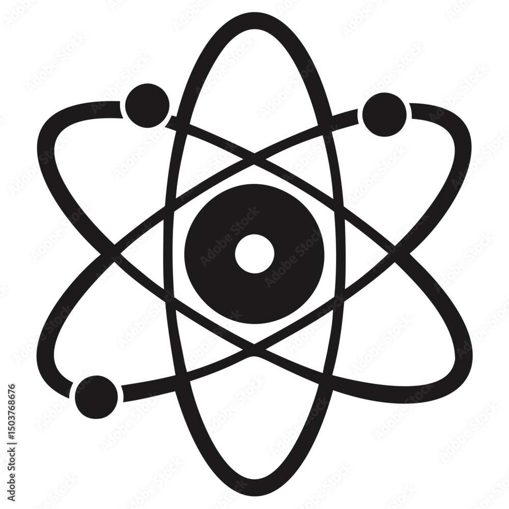 Poster stylized atom representation with orbiting electrons and a central nucleus in black and white style