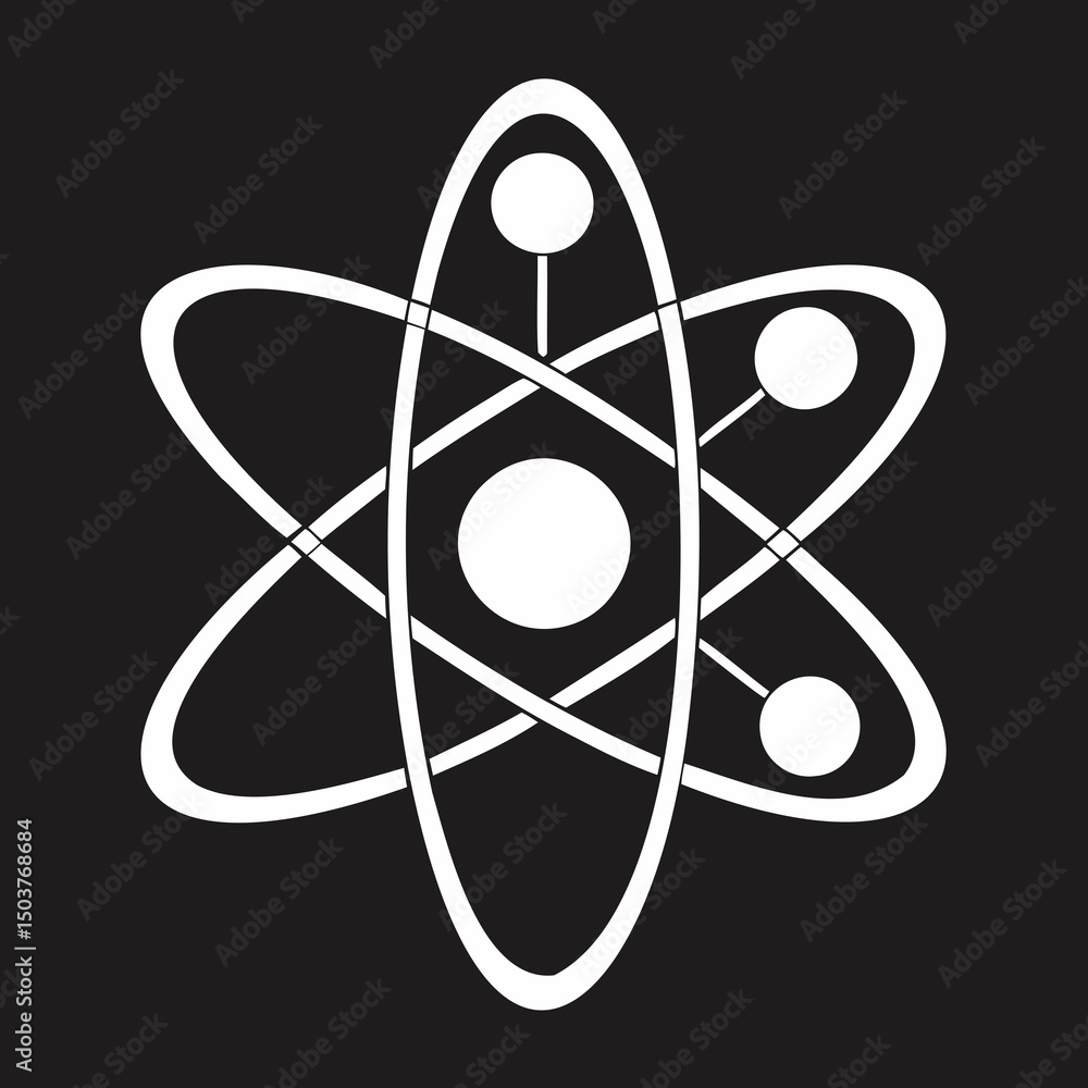 Poster white atom symbol with electrons orbiting the nucleus on a dark background representing science and 