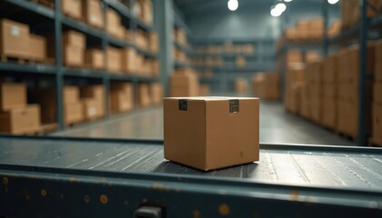 Warehouse setting with package on conveyor belt. Cardboard box ready to ship, delivery. Logistics, distribution center with shelves filled boxes. Supply chain, product movement.