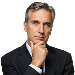Wise older businessman in a suit looking thoughtfully with hand to his chin