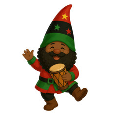 Cheerful garden gnome, whimsical bearded figure in vibrant attire playing a drum, ideal for festive outdoor decor. Isolated on white background or PNG