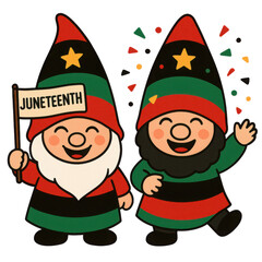 Two cheerful gnomes celebrating, one holding a sign, colorful festive clothing, perfect for holiday decorations or greeting cards. Isolated on white background or PNG