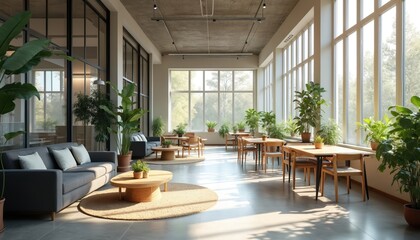 Open plan office with natural light plants comfortable seating area. Modern workspace design with clean aesthetic, glass walls, wooden tables. Creative design with green plants, promoting relaxation.