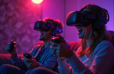 Happy couple experience virtual reality gaming, playing video games with VR headsets, controllers. Modern tech, innovation concept with futuristic cyberspace visual immersive digital experiences, new