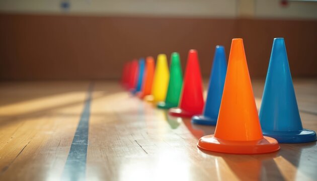 Colorful cones arranged on gym floor. Sport cones for children physical education, learning skills. Training equipment for agility, coordination. Active game concept. School activities.