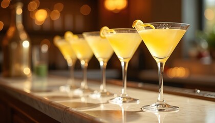 Lemon drop martinis on marble bar. Cocktails with lemon peel garnish on countertop. Evening party event, night life with bright lights. Alcoholic beverages ready to drink.