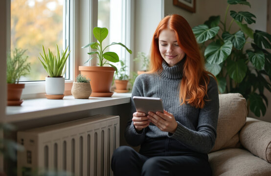 Young woman relaxes near window sill with tablet. Cozy indoor interior home plants, radiator, digital tech connection concept. Day light, ginger hair, reading, working, cyberspace.