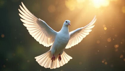 White dove soars. Bird spreads wings in flight. Bright sunlight illuminates feathers. Symbol of peace love freedom hope. Christian religion, wedding card design.