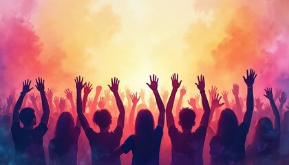 Silhouettes cheering crowd on colorful watercolor background. People hands up at music festival concert party event, feel excitement joy energy. Vibrant colorful abstract illustration.