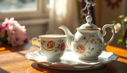 Fototapeta premium Delicate floral vintage porcelain tea set, tea steaming, sunlight, cup, high tea
