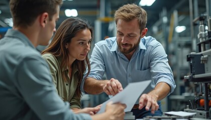 Team of engineers collaborate industrial project in engineering plant. Discussing technical design blueprints. Pro team works on startup tech development. Colleagues brainstorming, sharing ideas,