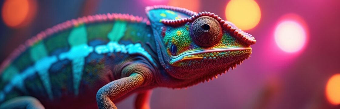 Chameleon transforms colors, demonstrates adaptation. Vibrant neon lights create a kaleidoscope effect. Reptile skin texture detail. Symbol of change flexibility transition in nature.