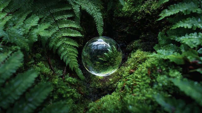 Clear crystal ball nestled amongst vibrant green ferns and moss in a lush forest setting view from above