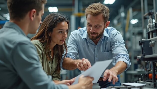 Team of engineers collaborate industrial project in engineering plant. Discussing technical design blueprints. Pro team works on startup tech development. Colleagues brainstorming, sharing ideas,