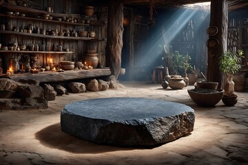 Ancient village interior with stone bowl high resolution picture