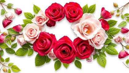 Obraz premium Elegant floral garland border with red, pink & white roses and green leaves , rose garland, wallpaper