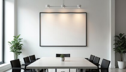 Blank horizontal poster mockup on office meeting room wall. Minimalist modern interior design, cozy decoration. Empty large white picture frame for presentations, artwork, advertising company