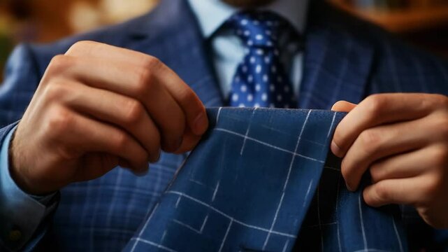 A person holds and inspects the lapel of a blue checkered suit jacket, emphasizing quality and style.