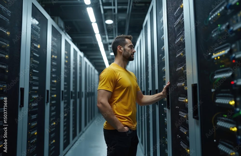 Aufkleber system administrator inspects server racks in data center. man in yellow t-shirt works with servers,