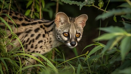 Genet in golden underbrush exploring its lush forest habitat at dusk Generative AI