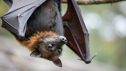 Close up of a flying fox hanging upside down in a serene natural setting Generative AI