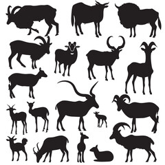 Fototapeta premium Horned Animals Silhouette Collectio , black silhouettes isolated on white background