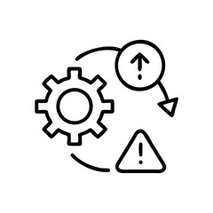 Gear, alert, and arrow icon in line style, travel risk strategy and business planning