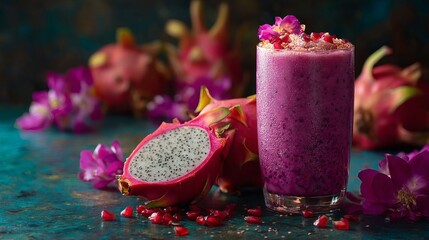 A vibrant dragon fruit smoothie with fresh dragon fruit and purple flowers on a textured surface